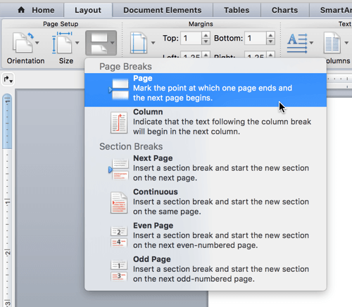 shortcut keys for page break in word for mac 2011